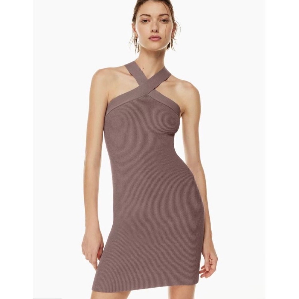 NWT Babaton Sculpt Knit Cross Mini Dress Deep Taupe Ribbed Halter Small